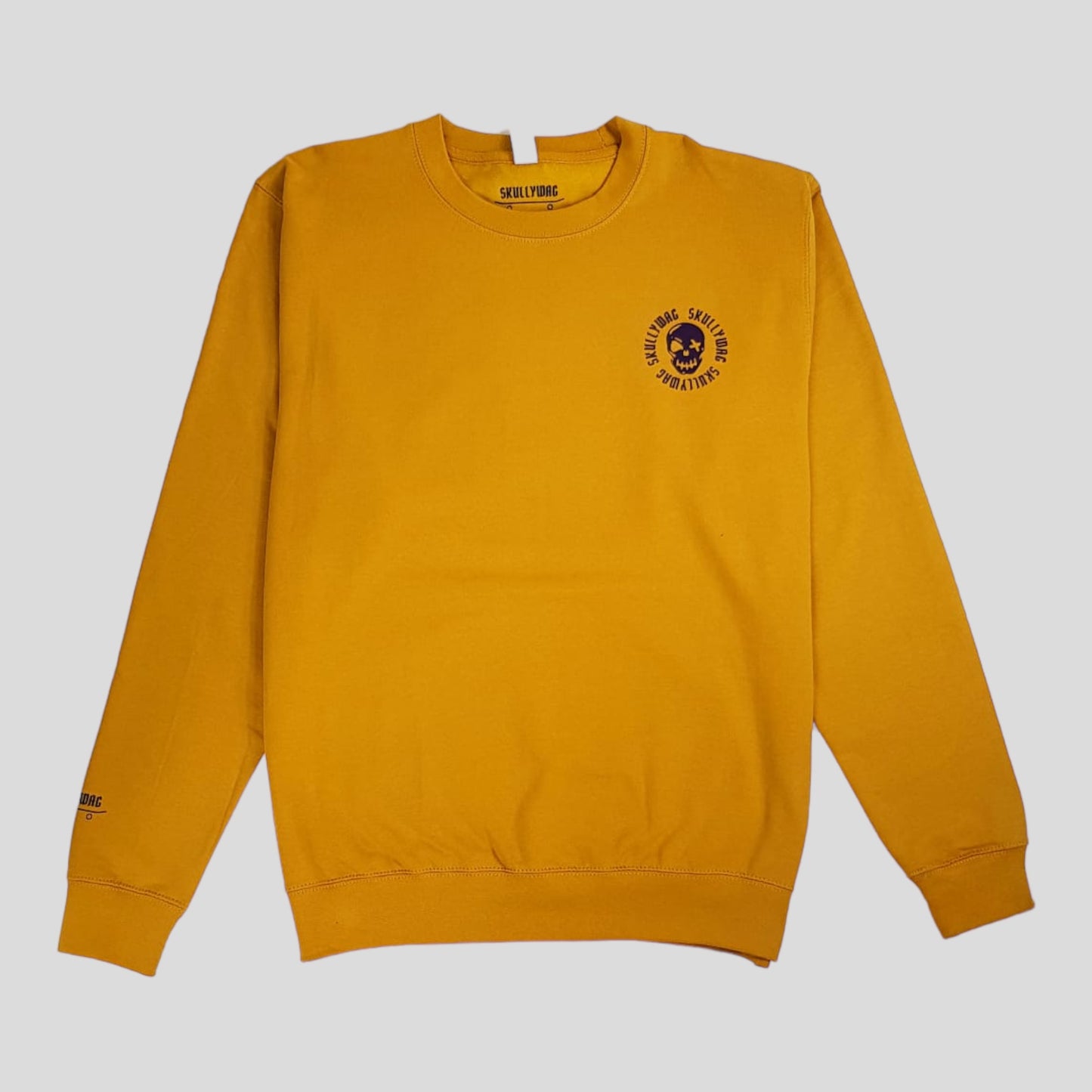 Ochre sweater/aubergine logos