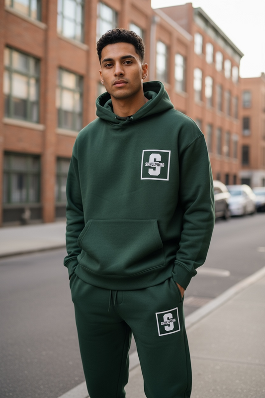Emerald green hoodie tracksuit/white raised brick vinyl logo