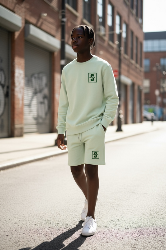 Stem green sweater and shorts set/ green felt vinyl logo