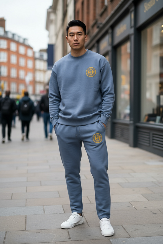 Baby blue tracksuit/ raised yellow brick vinyl logo