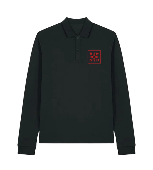 Black long sleeve polo shirt/red logo