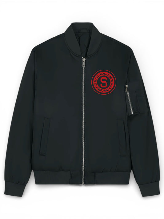 Black bomber jacket/red raised brick vinyl logo
