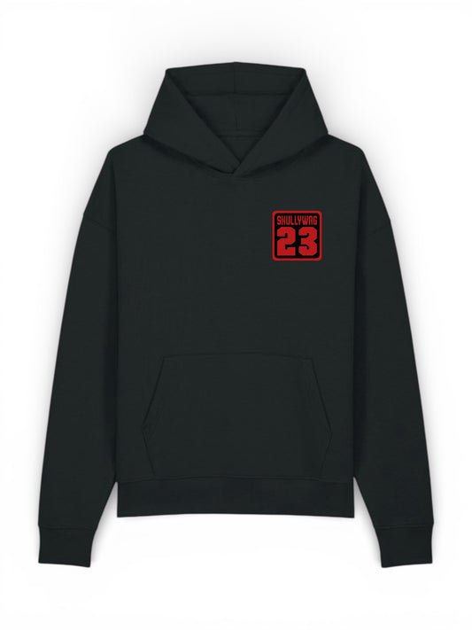 Black hoodie/red brick vinyl logo