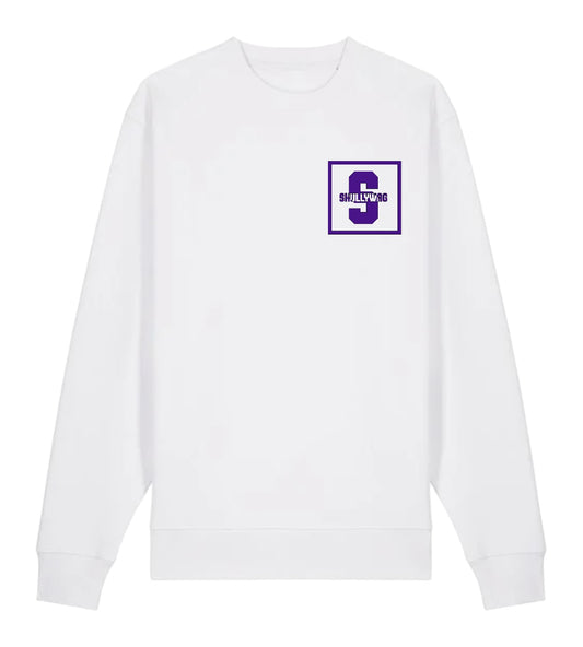 White sweater/ purple felt vinyl logo