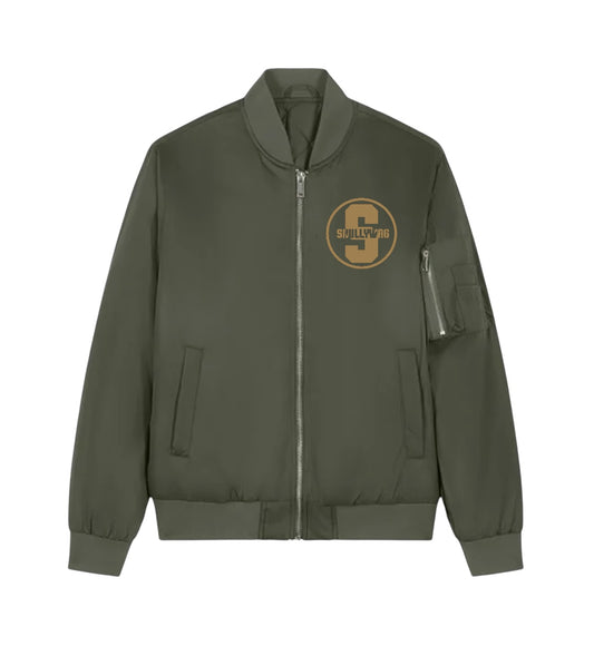 Khaki bomber jacket/ gold raised brick vinyl logo