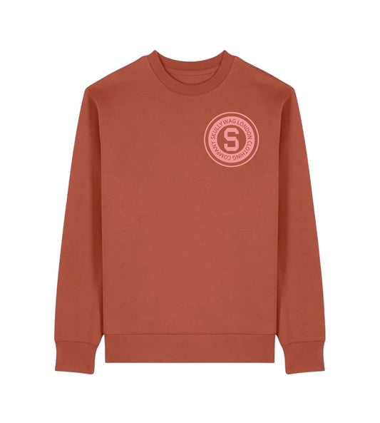 Heritage brown sweater/pink felt raised logo