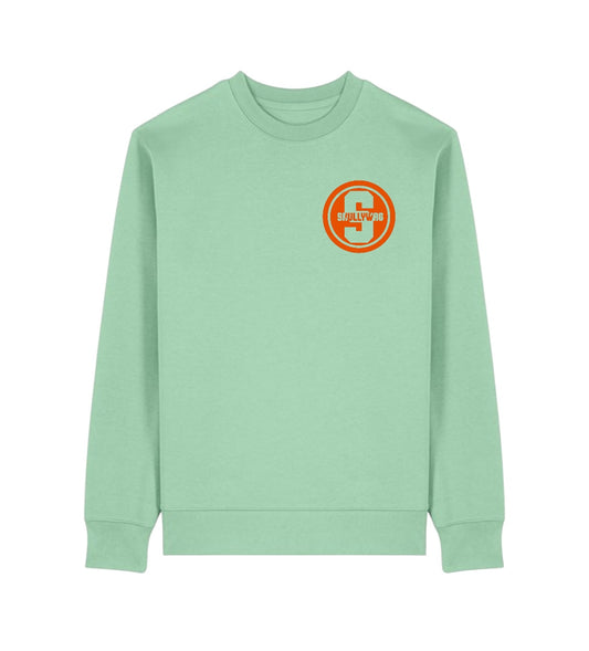 Misty jade sweater/ orange raised brick vinyl logo