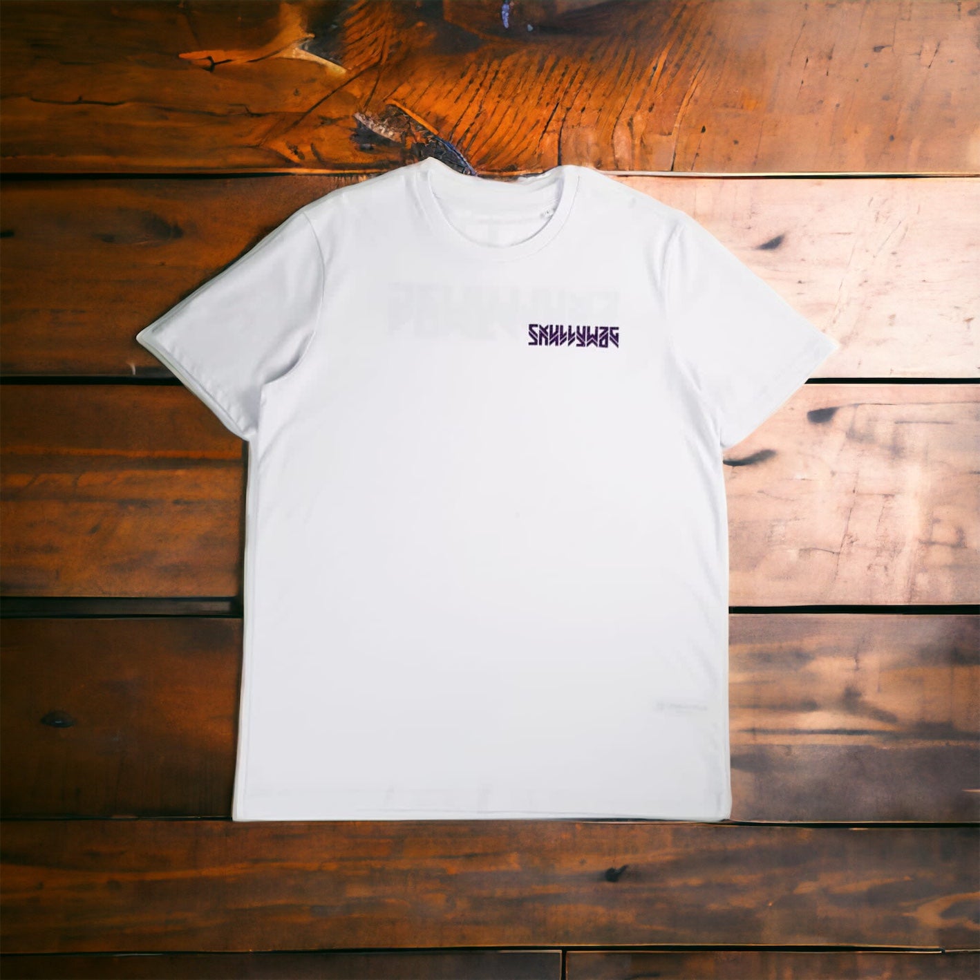 White tee/ purple glitter logo