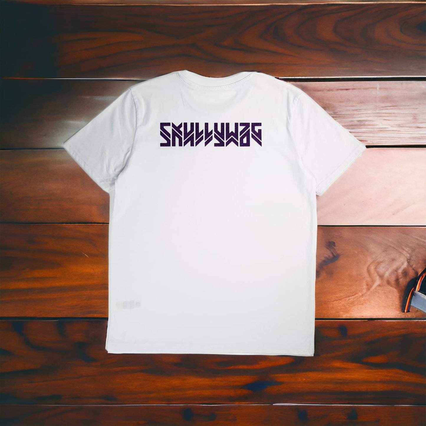 White tee/ purple glitter logo